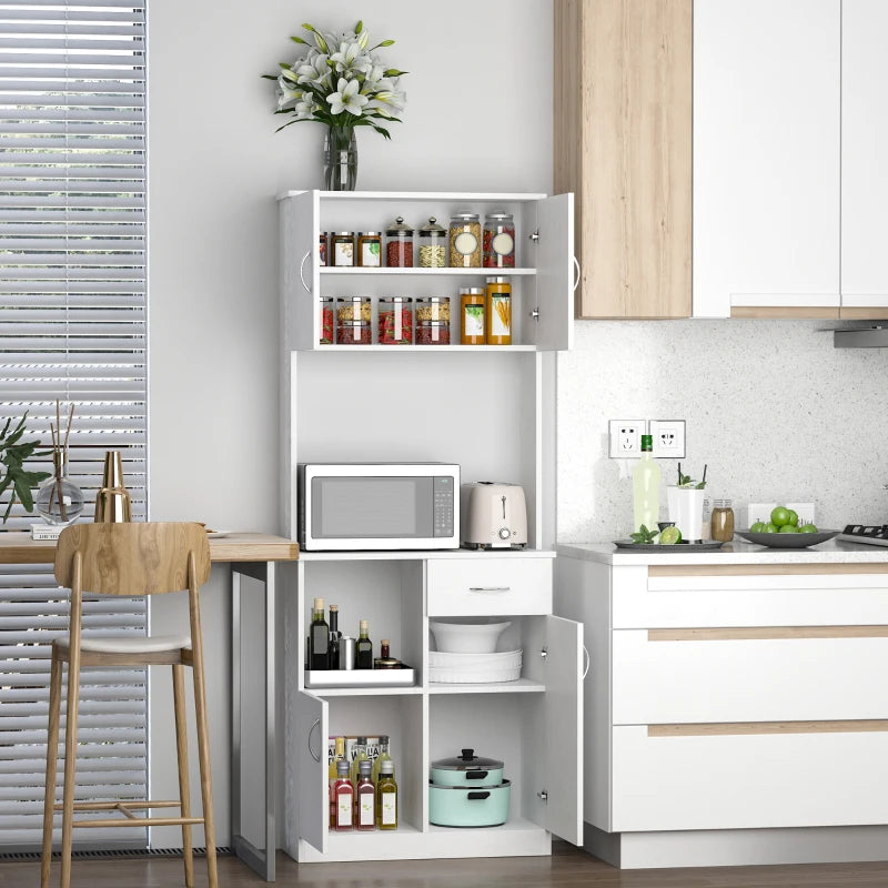Tall White Kitchen Cupboard with Doors, Shelves, Drawer & Open Countertop - Versatile Storage Cabinet for Living & Dining Rooms