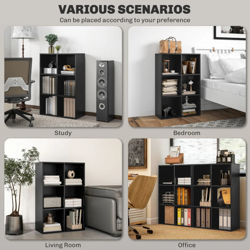Stylish Six-Cube Bookcase in Black Wood Effect - Modern Storage Solution for Home or Office Organization
