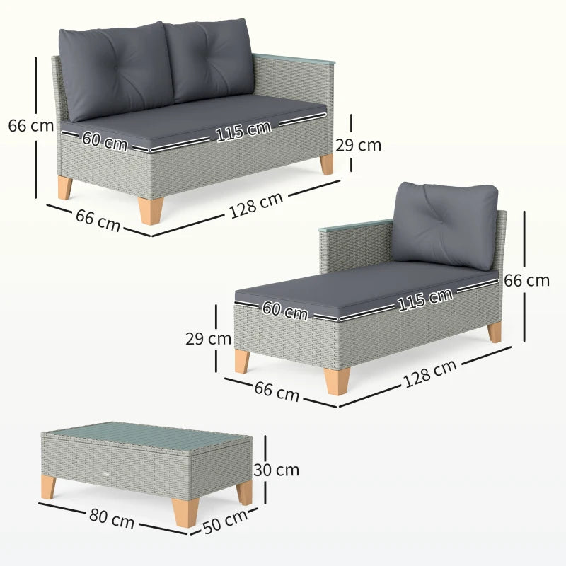 3-Piece Rattan Garden Furniture Set - L-Shaped Chaise Lounge & Coffee Table with Cushions