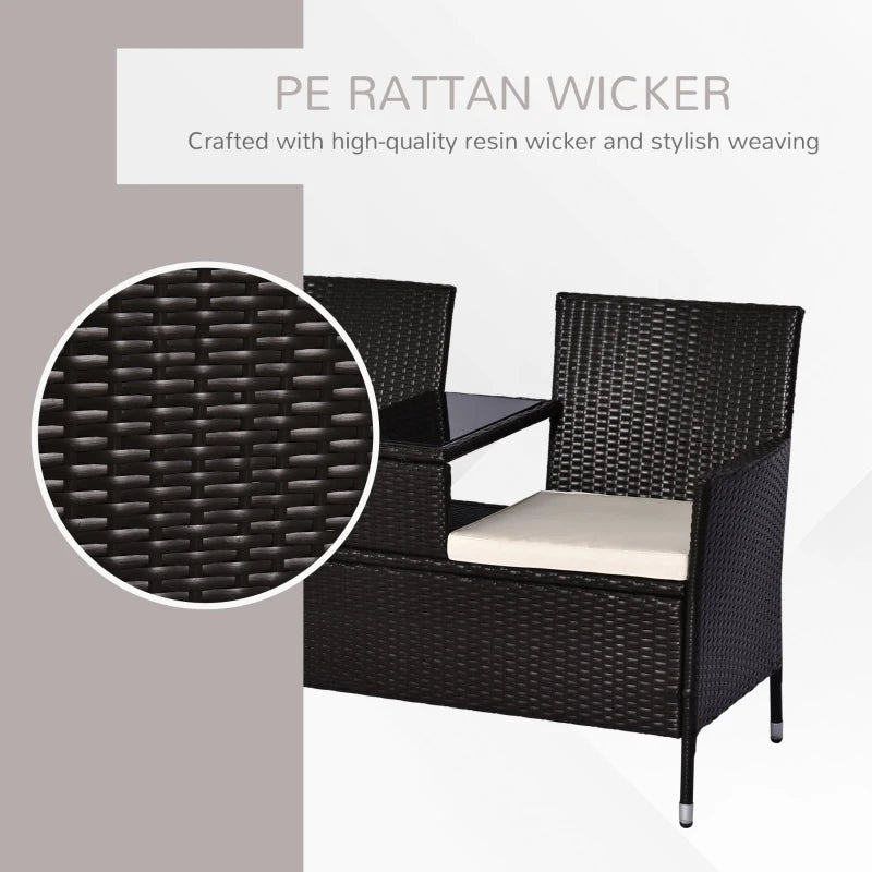 Dark Brown Rattan 2-Seater Outdoor Patio Loveseat with Drink Table