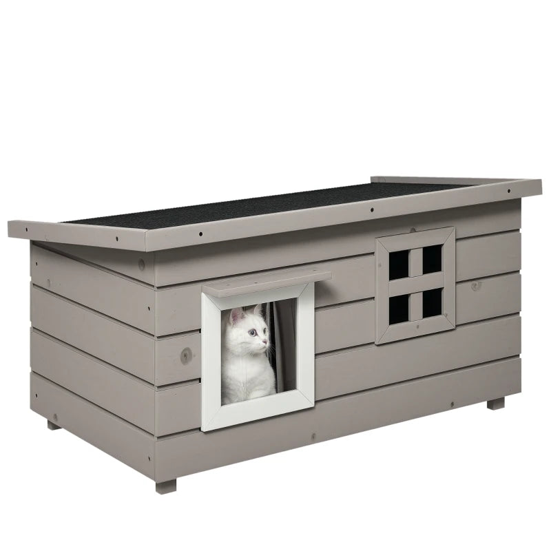 Wooden Elevated Outdoor Cat House with Openable Top Asphalt Roof and Window Grey