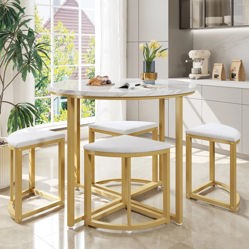 Elegant Dining Table Set with 4 Velvet Chairs - Space-Saving MDF Top & Gold-Plated Iron Frame, Easy Assembly, 80x80cm