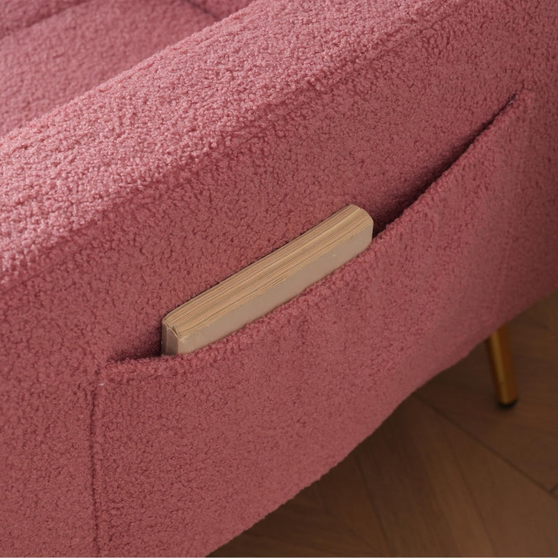 Adjustable Backrest Sofa Bed with Gold Legs and Side Pockets, Sherpa Fabric, Pink, 176L x 64W x 75H cm