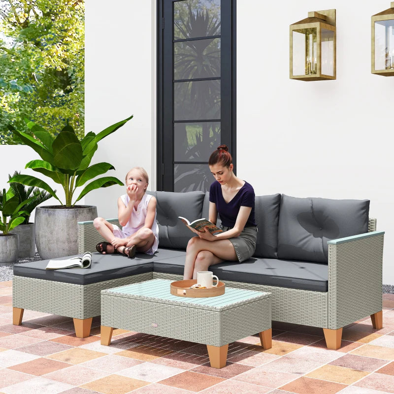 3-Piece Rattan Garden Furniture Set - L-Shaped Chaise Lounge & Coffee Table with Cushions
