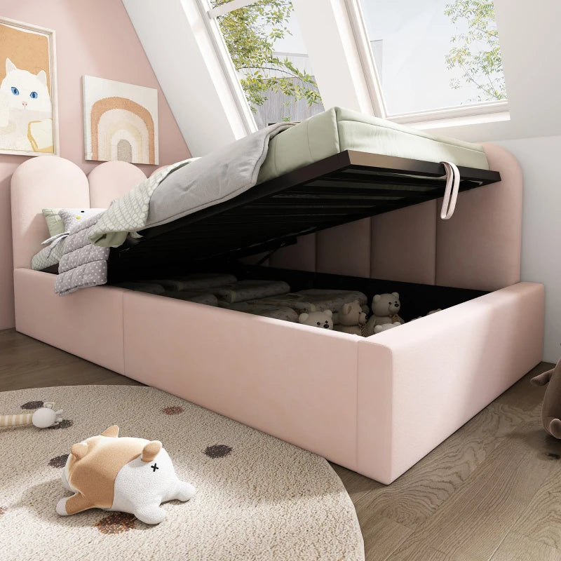 3FT Pink Upholstered Daybed with Hydraulic Storage & Metal Slatted Frame, Velvet Finish, Single Ottoman Bed, 200L x 97W x 76H cm