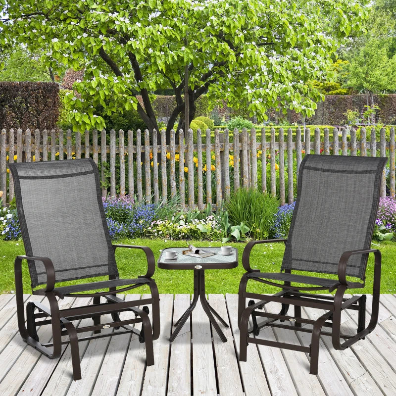 Brown 3-Piece Metal Frame Gliding Chair Set with Glass Top Coffee Table