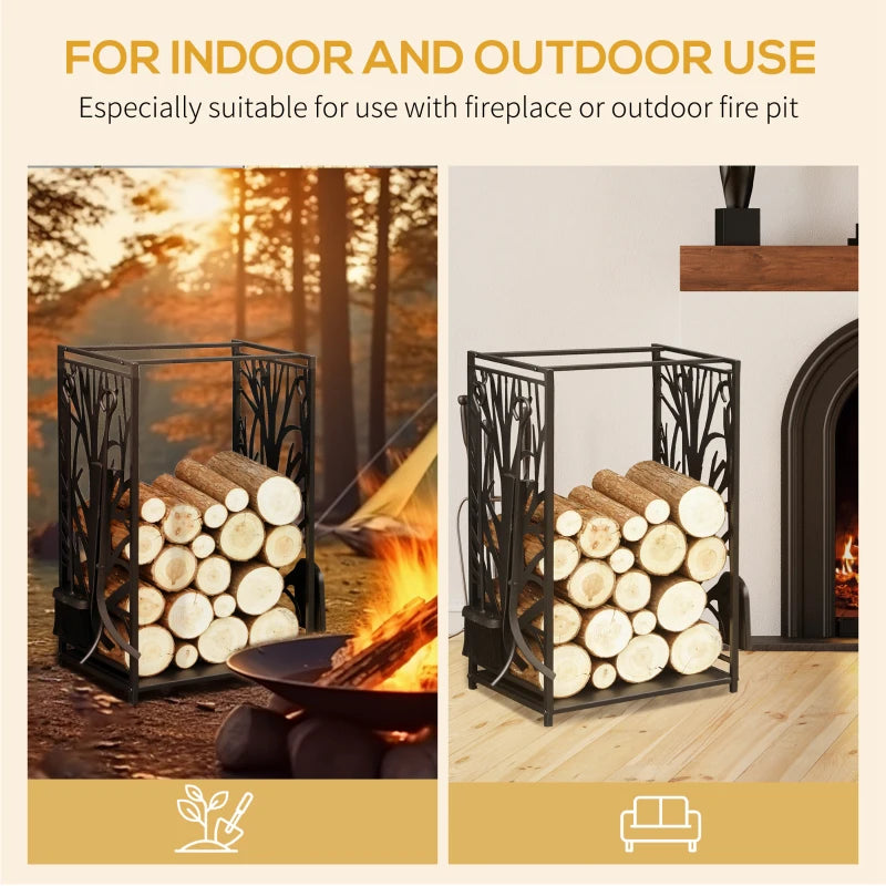 Steel Firewood Log Holder Rack with Tools - Indoor Outdoor Fireplace Wood Storage, Rust-Resistant, Tree Pattern, 46W x 30D x 70H cm