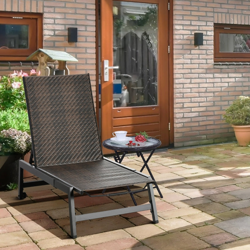 Brown Rattan Patio Sun Lounger with 5-Position Backrest and Wheels