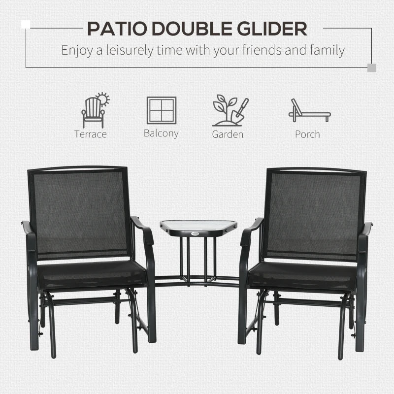 Black Outdoor Double Glider Rocking Chairs with Glass Top Table