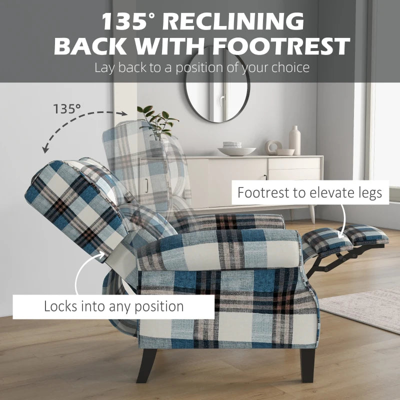 Wingback Reclining Chair with Footrest and Armrests for Living Room or Bedroom, Blue Fabric, Wooden Legs