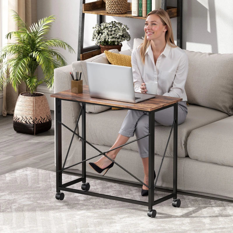 Rustic Brown 80 cm Folding Desk on Wheels - Space-Saving, Portable Workstation for Home Office & Study