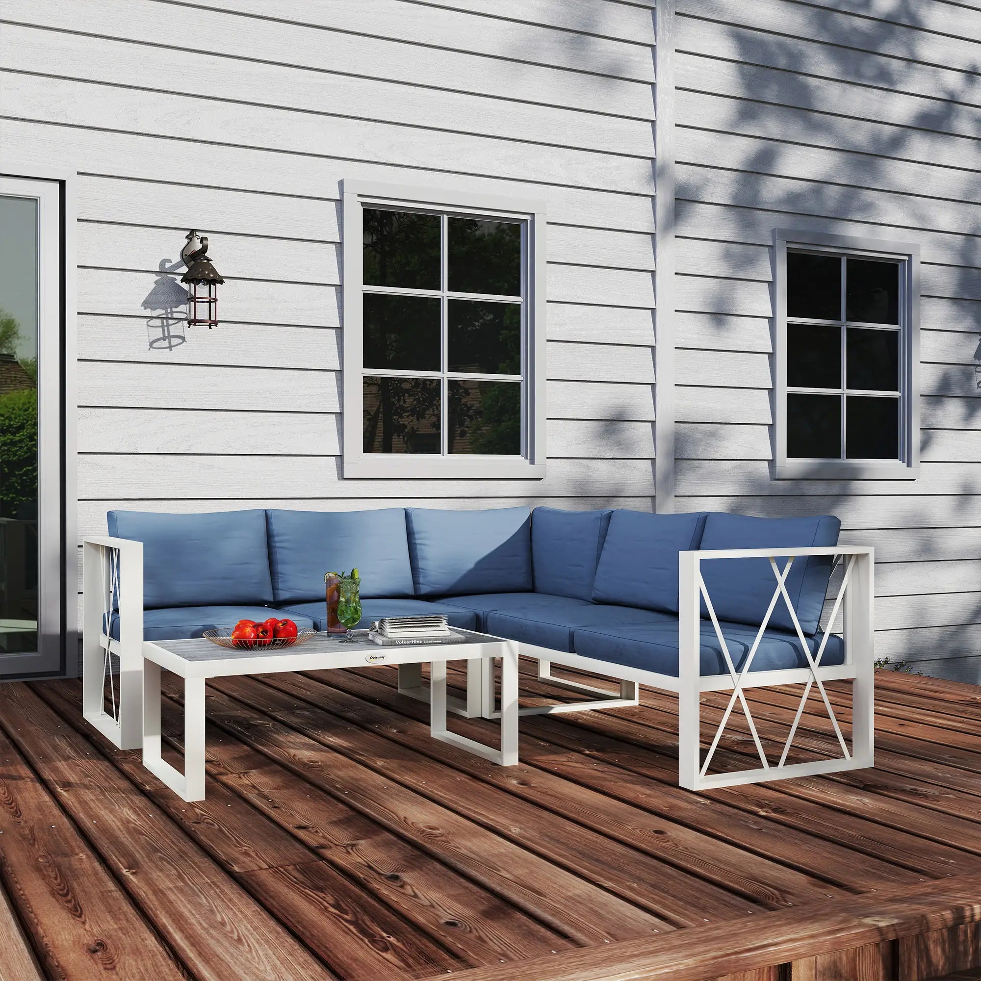 Light Coloured L Shaped Outdoor Sofa with 5-Level Adjustable Lounger - Blue Cushions