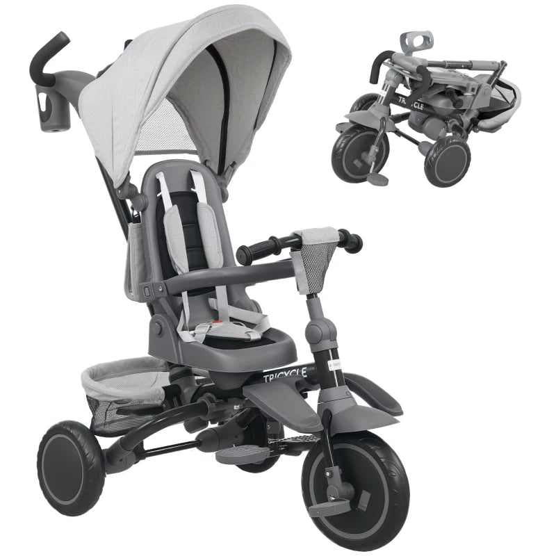 6 in 1 Foldable Kids Trike with Adjustable Parent Handle and Canopy for Ages 1 to 5 Grey