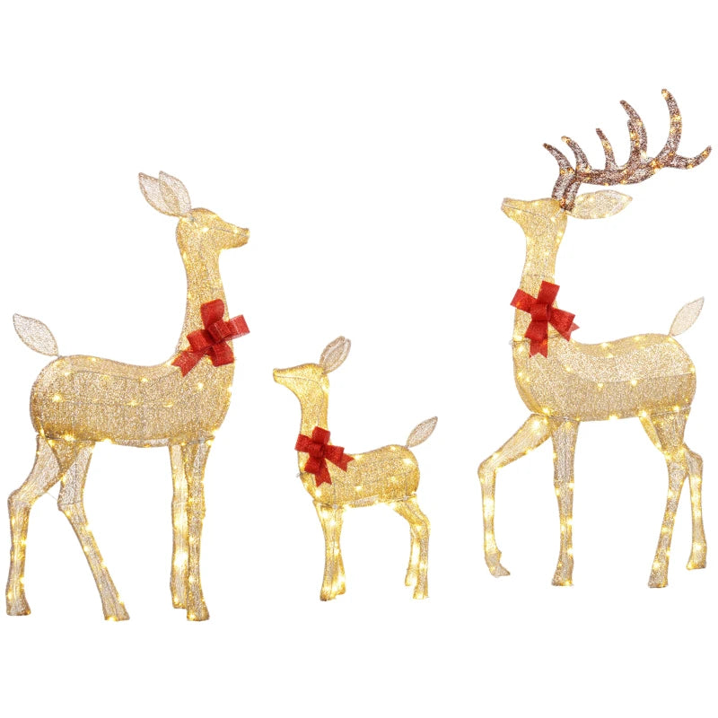 Lighted Reindeer Christmas Decorations - 3-Piece LED Deer Family Set for Outdoor Lawn & Garden - Gold Tone