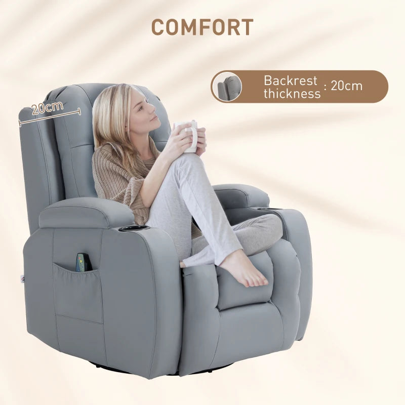 Comfortable Massage Recliner Chair with 8 Vibration Settings, Heat Function, Cup Holders, and Side Pockets in Light Grey