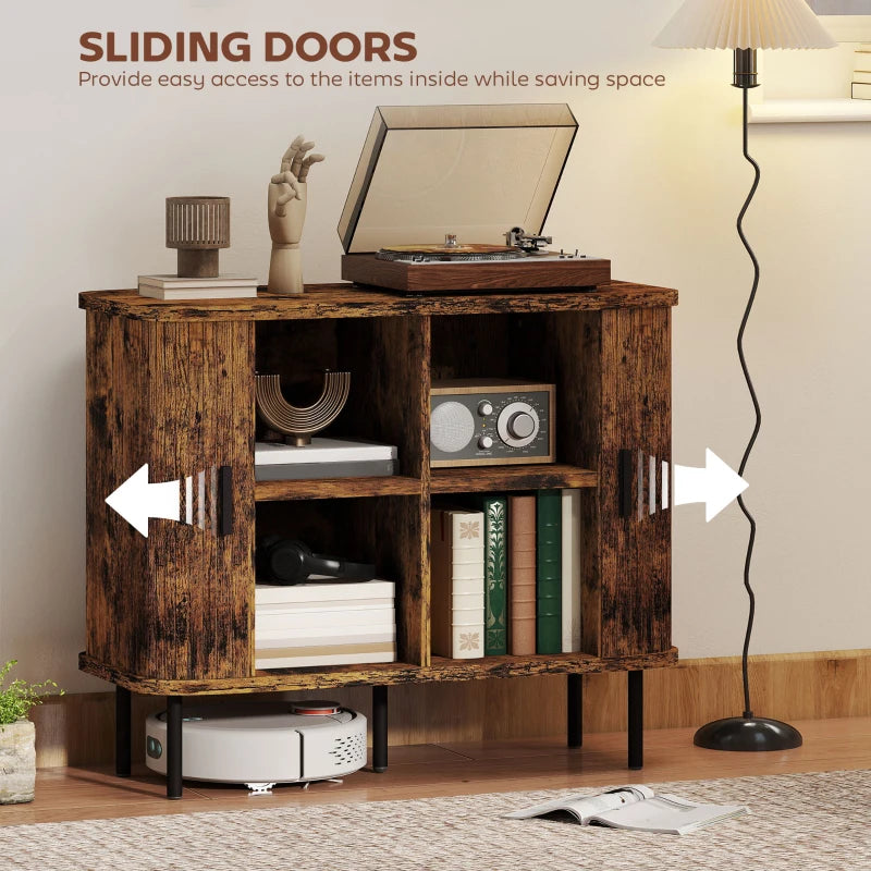 Mid-Century Modern Sideboard Storage Cabinet with Slatted Tambour Doors - Rustic Brown Kitchen Cabinet with Steel Legs