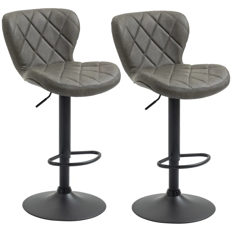 Set of 2 Dark Grey Swivel Bar Stools with Backrest & Footrest - Steel Frame, Diamond Pattern PU for Kitchen & Dining