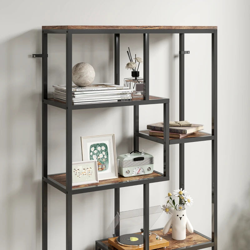 Unique Seven-Tier Geometric Bookcase in Brown and Black - Stylish Storage Solution for Home or Office