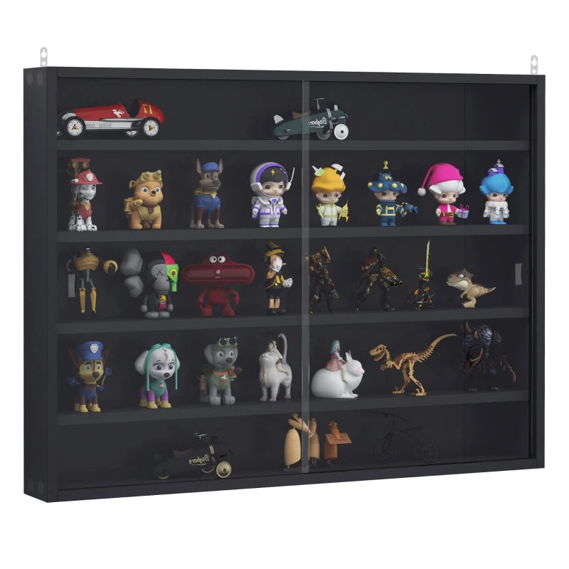 5-Tier Adjustable Wall Display Shelf Unit with Glass Doors - Black Cabinet for Home Office Ornaments, 60x80cm