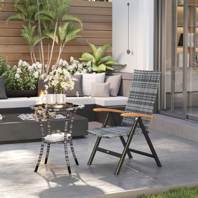 Folding Rattan Garden Dining Chair - 5-Level Reclining High Back, Wood Armrests, Outdoor Patio Furniture - Light Grey