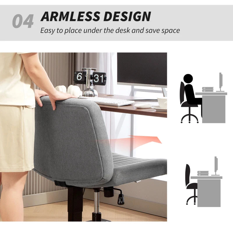 Armless Grey Office Chair - Linen Fabric, Criss Cross Legs, Wide Seat, Thick Padding, Adjustable Height, No Wheels