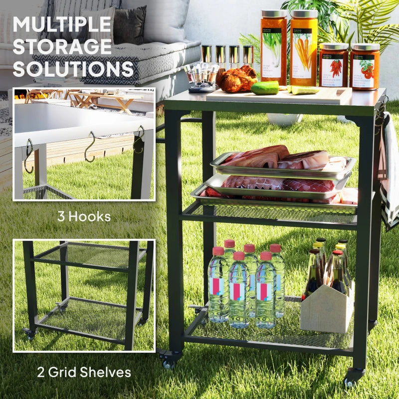 Three-Shelf Outdoor Grill Cart with Stainless Steel Top & Wheels - Movable BBQ Kitchen Island with Hooks, 65.5x41x79 cm