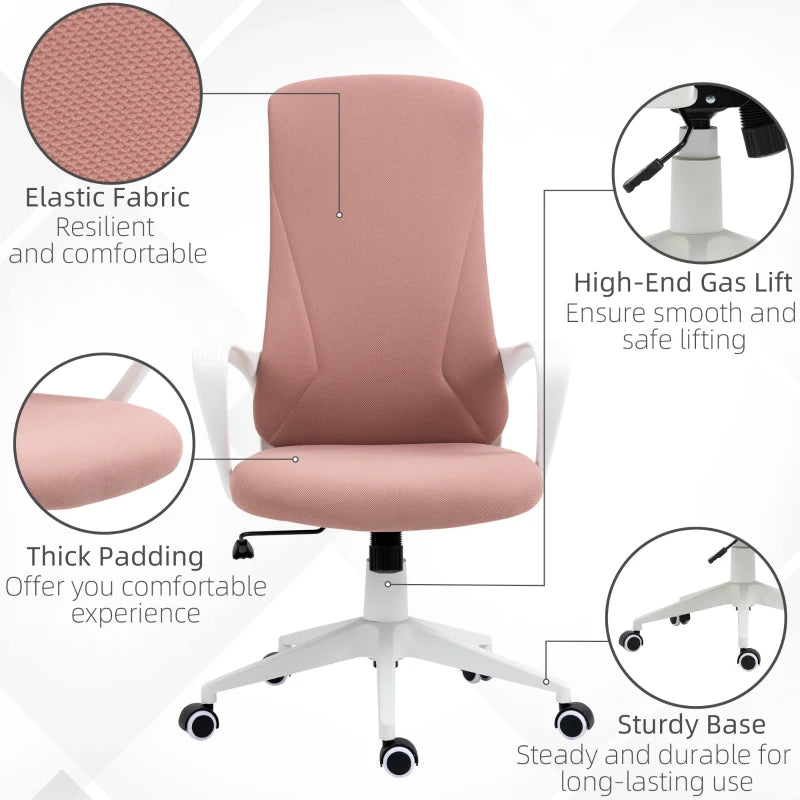 Vinsetto Pink High Back Office Chair - Adjustable Fabric Desk Chair with Armrests & Swivel Wheels for Comfort