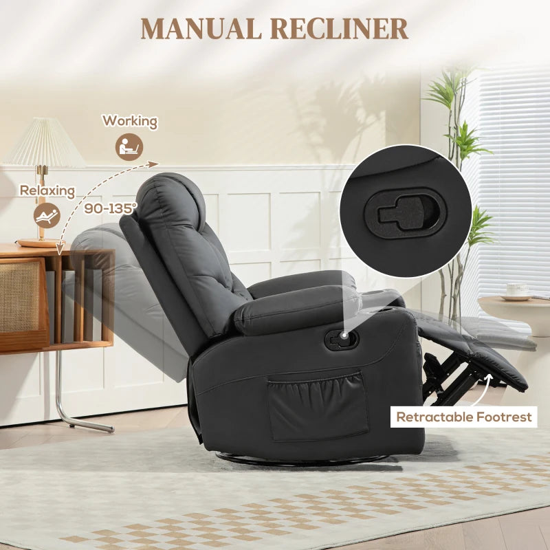 Manual Reclining Armchair with Swivel, Faux Leather, Footrest and Cup Holders - Black, 86x93x102cm