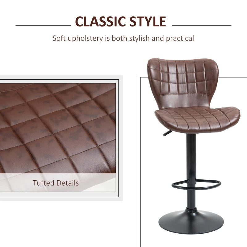 Set of 2 Adjustable Height Swivel Bar Stools in Brown PU Leather with Backrest & Footrest - Modern Design