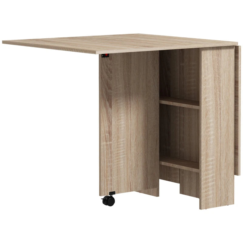 Folding Drop Leaf Dining Table for Small Spaces - 2-Tier Shelves & Rolling Casters - Natural Finish Kitchen Table