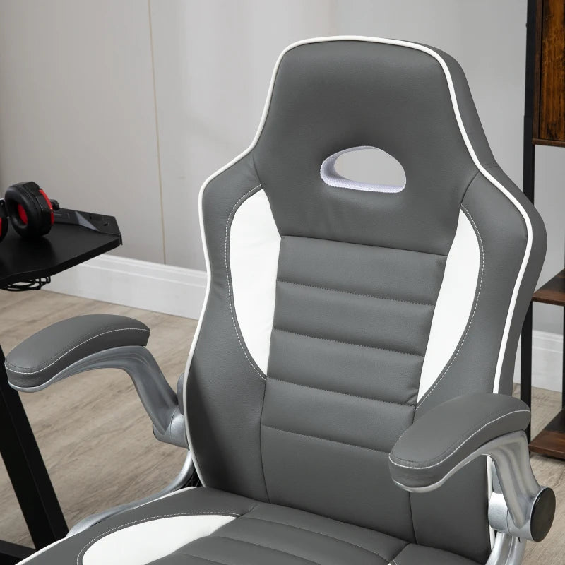 Vinsetto Grey Gaming Chair - PU Leather Office Desk Swivel Chair with Adjustable Height, 90° Flip-up Armrests & Rolling Wheels