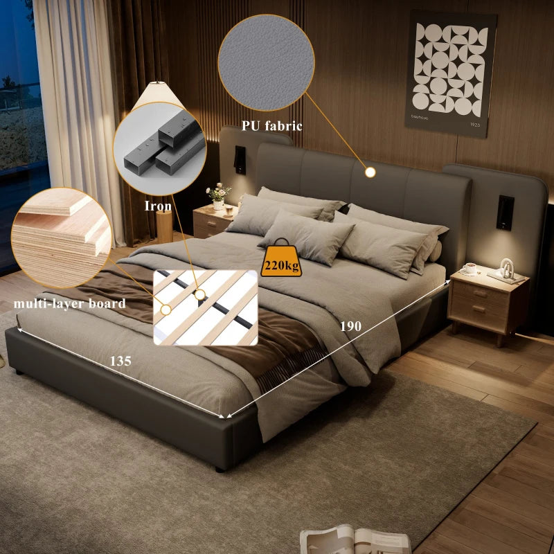 Upholstered Full-Size Double Bed with Charging Port & LED Lighting - Grey, Impact-Resistant Sponge Padding, 209L x 221W x 86.5H cm