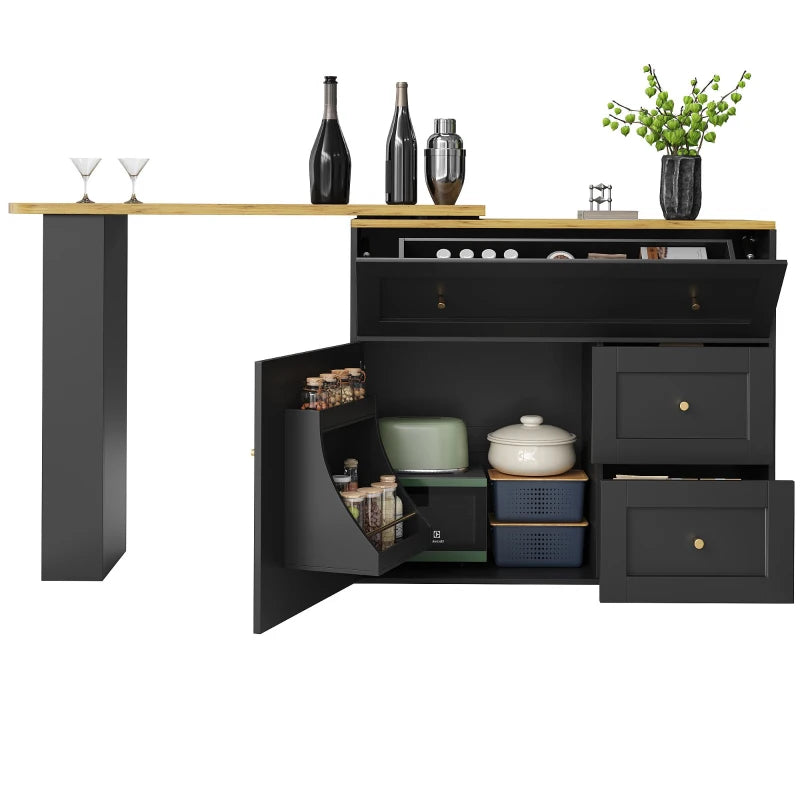 Extendable Bar Table with Storage, 360° Rotating Base & Snack Shelf, Folding Drawers, Black Bistro Table - 204L x 39W x 105H cm