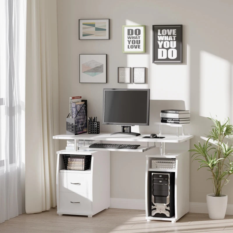 Modern White Computer Desk with Keyboard Tray, CPU Shelf, Drawers & Sliding Scanner Shelf - Ideal Office Workstation