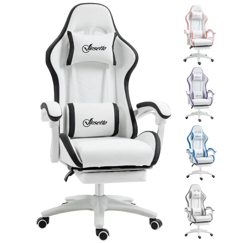 Vinsetto Gaming Chair with Footrest - PU Leather Office Desk Chair, 135° Recline, Lumbar Support, Headrest, White & Black