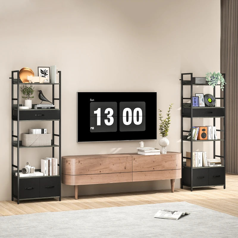 Industrial Style Bookcase with 4 Shelves & 3 Fabric Drawers - Modern Grey/Black Storage Solution for Home or Office