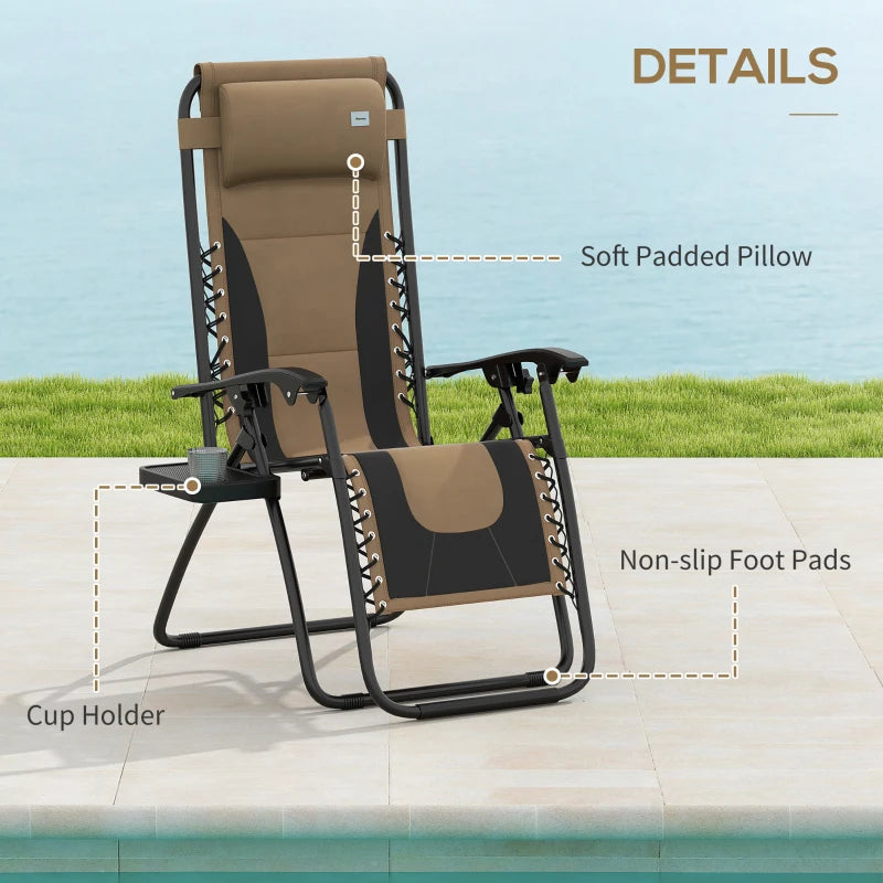 Grey Sun Lounger Chair Set of 2 - Folding Reclining Patio Chairs with Padded Seat, Soft Cushion, Headrest, and Cup Holder