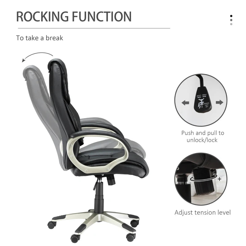High Back Faux Leather Home Office Chair - Adjustable Height Rocking Desk Chair in Black for Comfort & Style