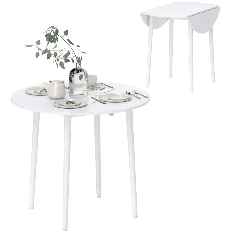 Modern Round Folding Dining Table for 4 - Space-Saving Drop Leaf Kitchen Table with Wood Legs - White Finish