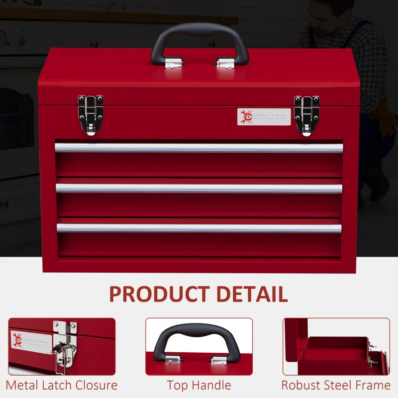 Lockable Metal Tool Box with 3 Drawers