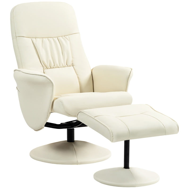 Cream White Swivel Recliner Chair with Footstool - PU Leather Armchair and Ottoman for Living Room