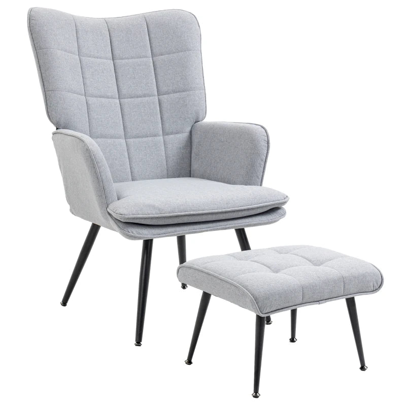 Light Grey Linen Accent Armchair with Footstool for Living Room, Bedroom, and Home Study