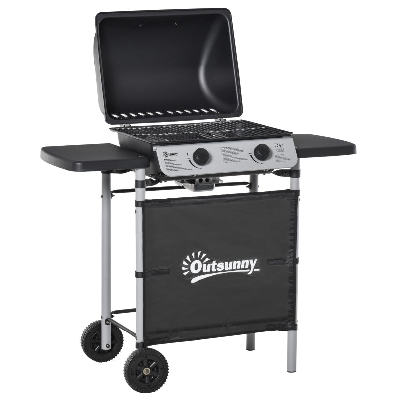 2 Burner Gas BBQ Trolley Grill - 5.6 kW Portable Barbecue with Lid, Wheels & Side Shelves - Grey