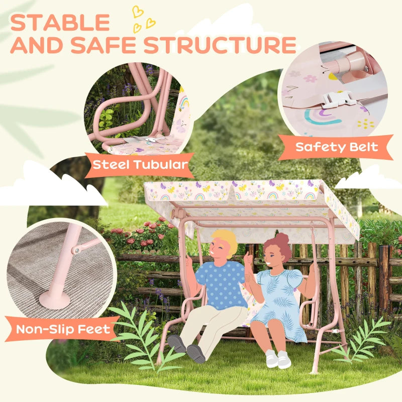 Kids Garden Swing Chair with Adjustable Canopy, Safety Belt, 2 Seater Hammock Swing Bench for Patio and Porch - Pink