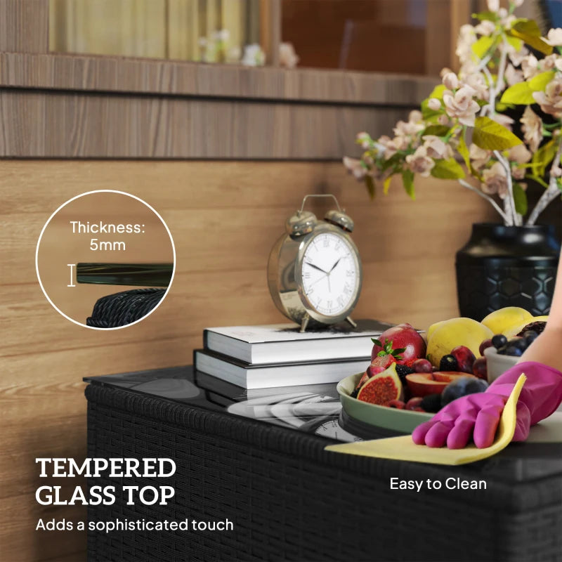 62 x 62cm Black Glass-Top Rattan Side Table