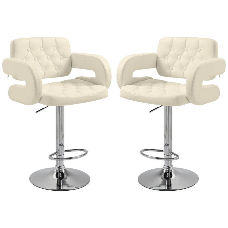 Set of 2 Upholstered Swivel Bar Stools - Height Adjustable with Back, Armrest & Footrest - Modern White Kitchen Seating