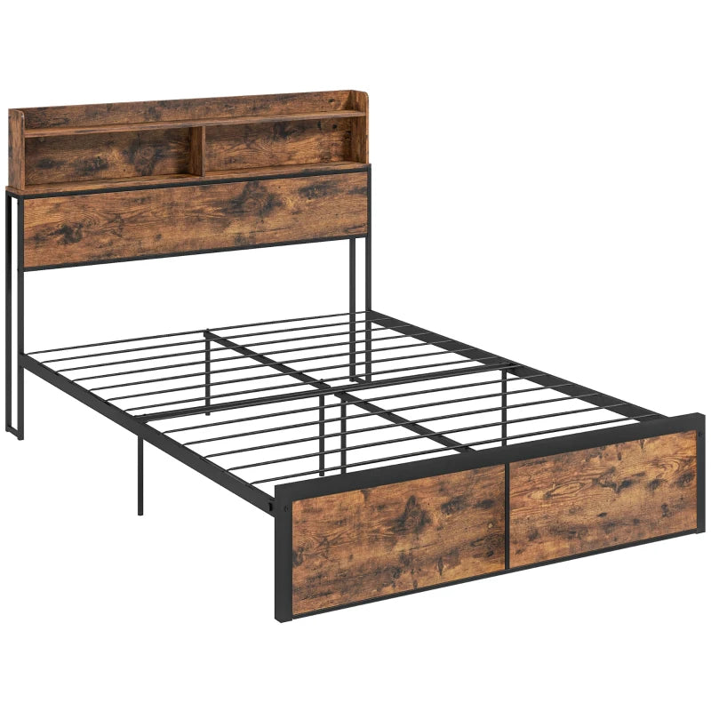 Industrial Style Double Bed Frame with Storage Headboard and Slatted Support 141x207cm Rustic Brown