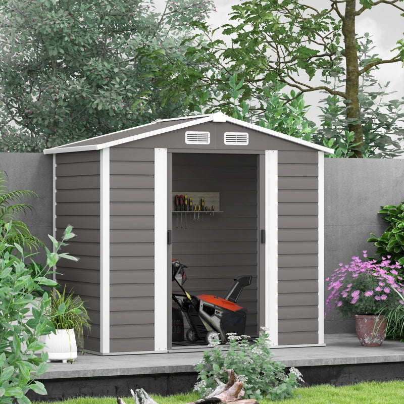 7x4ft Metal Garden Shed - Easy Assembly, Galvanised Steel, Double Doors, Vents, Light Grey