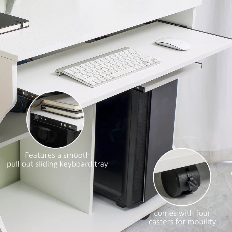 Multi-Storage Compact Work Desk on Wheels - Modern White Home Office Furniture for Small Spaces