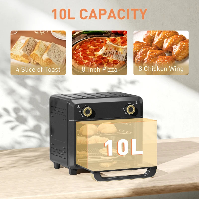 10L Black Air Fryer Oven - Oil-Free Cooking, Grill, Roast & Bake, 1000W, Adjustable Temperature & Timer, Dishwasher Safe